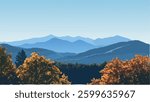 This vector-style illustration captures the serene beauty of the Great Smoky Mountains, with rolling hills and a distant mountain range bathed in soft daylight