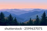 This vector-style illustration captures the serene beauty of the Great Smoky Mountains, with rolling hills and a distant mountain range bathed in soft light