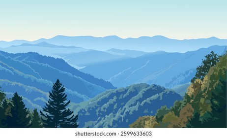 This vector-style illustration captures the serene beauty of the Great Smoky Mountains, with rolling hills and a distant mountain range bathed in soft daylight