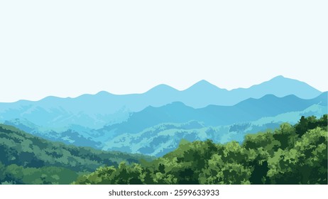 This vector-style illustration captures the serene beauty of the Great Smoky Mountains, with rolling hills and a distant mountain range bathed in soft daylight