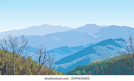 This vector-style illustration captures the serene beauty of the Great Smoky Mountains, with rolling hills and a distant mountain range bathed in soft daylight