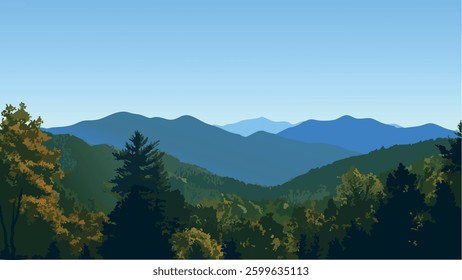 This vector-style illustration captures the serene beauty of the Great Smoky Mountains, with rolling hills and a distant mountain range bathed in soft daylight