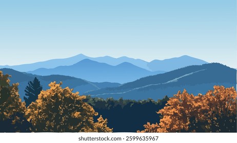 This vector-style illustration captures the serene beauty of the Great Smoky Mountains, with rolling hills and a distant mountain range bathed in soft daylight