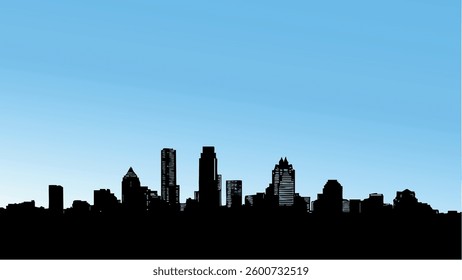 This vector-style illustration captures the stunning skyline of Austin, Texas, set against a tranquil and clear blue sky