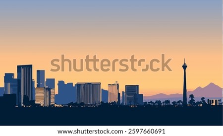 This vector-style illustration presents the iconic Las Vegas skyline at dusk, as the city transitions from daylight to nightfall.