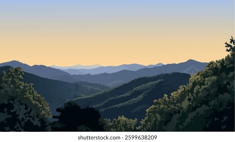This vector-style illustration showcases the breathtaking beauty of the Great Smoky Mountains at dusk. The soft gradient sky transitions from blue to orange, creating a peaceful, calming atmosphere