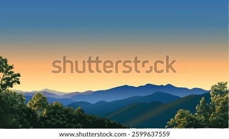 This vector-style illustration showcases the breathtaking beauty of the Great Smoky Mountains at dusk