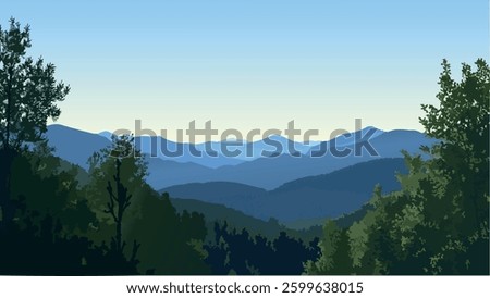 This vector-style illustration showcases the breathtaking beauty of the Great Smoky Mountains at dusk