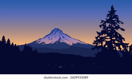 This vector-style illustration showcases Mount Hood at dusk, where the towering mountain stands silhouetted against a vibrant sky as the sun dips below the horizon