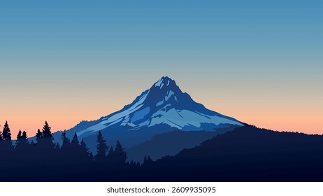 This vector-style illustration showcases Mount Hood at dusk, where the towering mountain stands silhouetted against a vibrant sky as the sun dips below the horizon