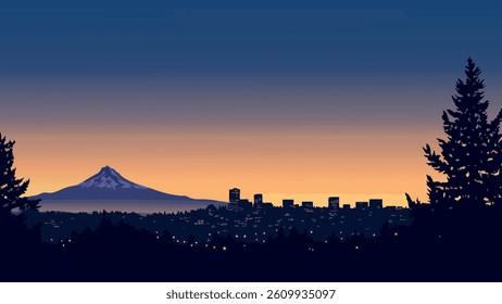 This vector-style illustration showcases Mount Hood at dusk, where the towering mountain stands silhouetted against a vibrant sky as the sun dips below the horizon