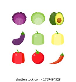 This is the vegetables isolated on white background. Collection of cabbage, pepper, avocado, tomato, eggplant.