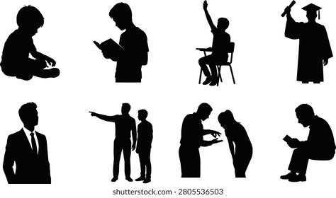 This versatile collection of silhouettes in image_c67b5d.png depicts various educational and professional activities, ranging from students reading and participating in class to graduation and business mentorship. These professional icons are perfect for school websites, training materials, corporate resources, and educational design projects.