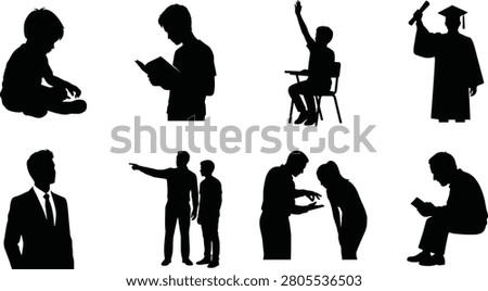 This versatile collection of silhouettes in image_c67b5d.png depicts various educational and professional activities, ranging from students reading and participating in class to graduation and business mentorship. These professional icons are perfect for school websites, training materials, corporate resources, and educational design projects.
