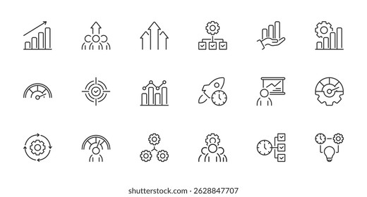 This is a versatile and diverse collection of line icons that visually represent various concepts related to productivity and efficiency, making them ideal for both business and design purposes.