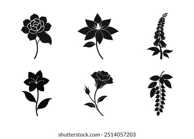 Este versátil conjunto de vetor de silhueta de flores é perfeito para designers gráficos e ilustradores que procuram adicionar sotaques florais a seus projetos com facilidade.