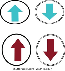 Esta coleção de ícones versátil possui quatro setas direcionais em azul-petróleo vibrante e maroon profundo, especificamente projetado para interfaces de usuário modernas. O conjunto inclui setas apontando para cima e para baixo em quadros circulares e ovais, mostrando estilos de borda variados, como linhas grossas únicas e traçados elegantes de linha dupla. Esses gráficos vetoriais minimalistas são ideais para navegação na Web, botões de aplicativos móveis, indicadores de painel e sinalização instrucional. Quer você esteja representando ações de upload e download, tendências de mercado ou uma simples descoberta de caminho, esses símbolos de alto contraste fornecem uma comunicação visual clara e profissional para qualquer projeto digital.