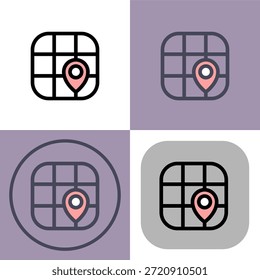Este versátil conjunto de iconos representa un pin de ubicación en un mapa de cuadrícula, perfecto para App de navegación y servicios basados en la ubicación. Los diversos estilos ofrecen flexibilidad de diseño para diversos proyectos.