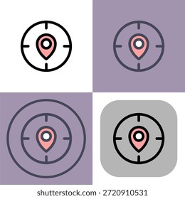 This versatile icon set depicts a location pin inside a target- perfect for GPS apps- navigation systems- or mapping software. It offers four stylish variations for diverse design projects.