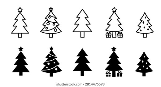 This versatile icon set features a comprehensive collection of Christmas trees, including classic shapes, decorated styles with ornaments, and festive versions with gift boxes. Available in both clean outline and solid black styles, these icons are perfectly suited for holiday-themed greeting cards, seasonal web graphics, promotional banners, and social media content. Capture the spirit of the holidays with these professional-grade, high-quality vector assets.

#ChristmasTree #HolidayIcons #FestiveDesign #ChristmasDecor #WinterIcons #VectorGraphics #SeasonalDesign #GraphicAssets #HolidaySeason #MinimalistIcons