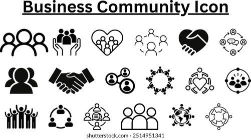 This versatile icon set represents the essence of a thriving business community. It includes a range of symbols depicting collaboration, networking, and teamwork. Perfect for use in presentations.