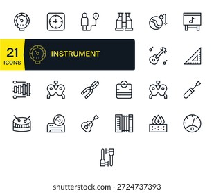 Esta biblioteca versátil oferece 25 ícones de Linha Regular representando o Instrumento, ideal para kits de IU.