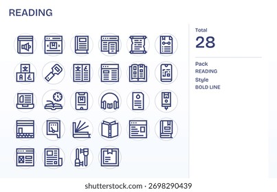 Esta versátil Biblioteca ofrece 28 íconos de Bold Line que representan la lectura, ideal para kits de interfaz de usuario.