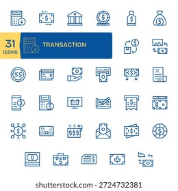 Esta biblioteca versátil oferece 35 ícones de Linha Regular representando Transaction, ideal para kits de IU.