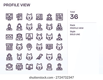 Esta versátil Biblioteca ofrece 36 íconos de línea en negrita que representan la vista de Perfil, ideal para kits de interfaz de usuario.