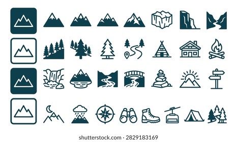 This versatile set includes 32 meticulously designed icons representing nature, trekking, and outdoor exploration. From rugged alpine summits and dense evergreen forests to essential gear like hiking boots, binoculars, and navigation tools, these high-quality graphics are ideal for travel apps, park signage, and eco-tourism branding. The aesthetic uses a cohesive dark teal palette in both solid and outline styles.