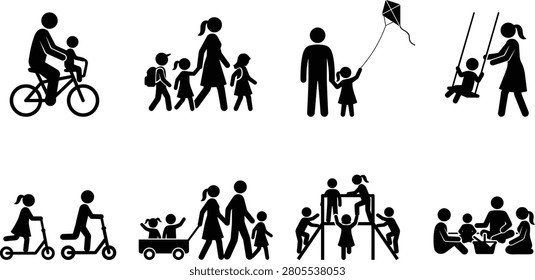 This versatile set of solid black silhouettes depicts families participating in common outdoor activities like cycling, park picnics, playing on playground equipment, and walking. These isolated vector icons are perfect for parenting blogs, family-oriented marketing, recreational event designs, and educational materials.