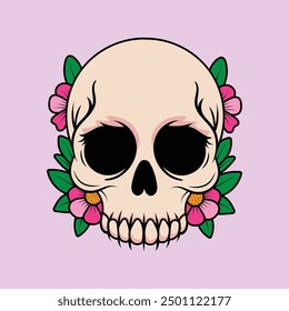 This versatile vector design is perfect for Halloween decorations, T-shirt designs, invitations, and themed merchandise. The skull adorned with flowers blends spooky elegance.