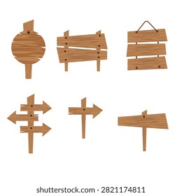 This versatile vector graphic collection displays a set of six empty, rustic wooden signs styled with detailed timber grain textures and visible mounting nails. The collection features diverse shapes for multiple graphic layouts, including a round post billboard, a multi-plank fence panel, a suspended hanging notice board, multi-directional pointer arrows, and standard roadside banners. These blank design elements are ideal assets for western-themed game interfaces, outdoor campsite banners, restaurant menu boards, and directional event signage.#WoodenSigns #RusticTimber #BlankBillboards #DirectionalArrows #GraphicDesignAssets #VectorSignage #WoodTexture #GameUIElements #CountryDecor #NoticeBoards