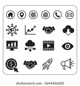 Este versátil conjunto de ícones vetoriais apresenta 20 ícones limpos e modernos de estilo de linha projetados para negócios, marketing, comunicação e projetos relacionados à Web.