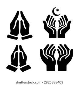This versatile vector icon set features four distinct minimalist silhouette illustrations of praying hands. The collection includes both traditional folded hands representing prayer or grace, and open palms facing upward, which are characteristic of Islamic Dua, with one variation subtly highlighted by a crescent moon and star symbol. These clean, high-contrast black and white graphics are perfect for religious publications, web design, church graphics, Islamic branding, faith-based merchandise, and digital presentation templates.#PrayingHands #IslamicDua #PrayerIcons #VectorGraphics #ReligiousArt #FaithDesign #MinimalistSilhouette #WorshipSymbols #ClipArtBundle #SpiritualGraphics