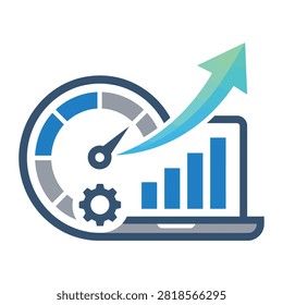 This versatile vector illustration concept features a laptop displaying an upward-trending bar chart, integrated with a high-speed speedometer gauge and a gear mechanism. An upward-pointing green arrow signifies acceleration, efficiency gains, financial growth, and search engine optimization success, making it perfect for tech, marketing, and business performance themes