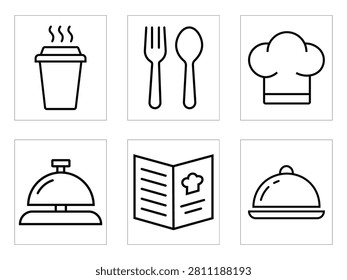 This versatile vector line art set features six essential restaurant and cafe icons, perfect for culinary and hospitality design projects. The collection includes a hot coffee cup, fork and spoon cutlery, a classic chef hat, a service bell, a detailed dining menu, and a covered food cloche. Designed in a clean, minimalist outline style, these high-quality graphics are ideal for web design, user interfaces, menus, and branding materials related to food service, catering, and fine dining.

#RestaurantIcons #FoodIcons #VectorLineArt #CafeDesign #MenuDesign #ChefHat #CutleryIcon #FoodCloche #ServiceBell #MinimalistIcons #HospitalityDesign #CulinaryArts #CookingSymbols #WebIcons #UIElements #GraphicDesign #FoodService