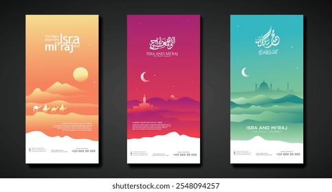 This vertical banner captures the miraculous night journey of Prophet Muhammad SAW, featuring celestial elements and symbolic imagery, highlighting the spiritual significance of Isra' Mi'raj.