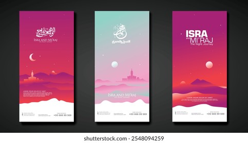 This vertical banner captures the miraculous night journey of Prophet Muhammad SAW, featuring celestial elements and symbolic imagery, highlighting the spiritual significance of Isra' Mi'raj.