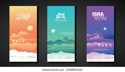 This vertical banner captures the miraculous night journey of Prophet Muhammad SAW, featuring celestial elements and symbolic imagery, highlighting the spiritual significance of Isra' Mi'raj.