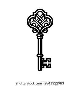 This vertical composition displays a detailed black silhouette of a classic skeleton key positioned on the right side against a clean white canvas. The elaborate handle features intricate scrollwork and geometric patterns while the straight shaft leads down to a complex bit. The sharp contrast creates a bold graphic statement.