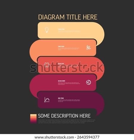 This vertical infographic diagram template shows a 5 step process with colorful gradient shapes and icons on a dark background. Use this diagram for presenting options or steps in a modern style.