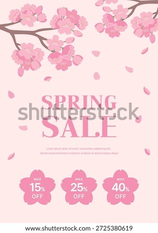 This vertical spring sale promotion banner features beautiful cherry blossom branches and falling petals. Includes a discount coupon. Perfect for spring marketing, retail, and fashion advertising.