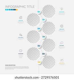 Esta infografía de la línea de tiempo de la Vertical presenta un diseño limpio con marcadores de posición de fotos circulares. Este diseño de infografía incluye una línea de tiempo con fechas e iconos personalizables para los negocios.