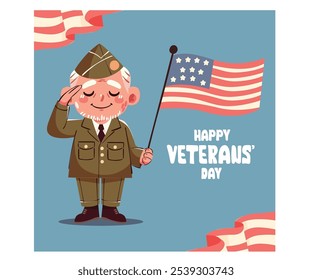 Este cartão Veterans Day apresenta uma ilustração pungente de um homem idoso saudando, incorporando respeito e gratidão por aqueles que serviram