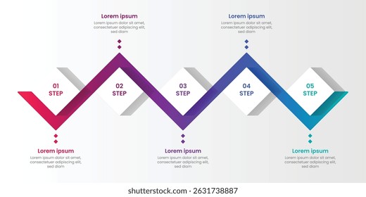 This vibrant 5-step infographic utilizes a dynamic zigzag pattern with gradient-colored paths to visually guide the viewer through a linear process or timeline.