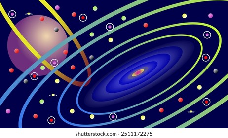 Dieses lebendige abstrakte Kunstwerk zeigt eine Himmelsszene, möglicherweise eine stilisierte Darstellung unseres Sonnensystems