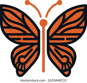 This vibrant, abstract design features a butterfly with striking orange and black patterns. The symmetrical wings are adorned with elegant, fluid lines that create a sense of movement and grace