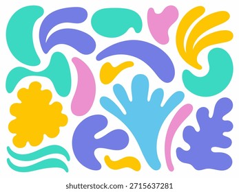 Esta vibrante ilustración abstracta presenta una colección de Formas biomórficas esparcidas al azar sobre un fondo blanco limpio. Las formas son orgánicas y no representativas, que recuerdan al arte en papel recortado o a Elementos naturales como el coral, las hojas y las amebas. La paleta de colores es moderna y alegre, incluyendo tonos de verde azulado, azul claro, púrpura, amarillo y rosa. La composición crea una sensación de movimiento y diversión, lo que la hace adecuada para proyectos de diseño moderno, fondos o conceptos artísticos.