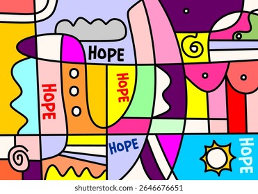 This is a vibrant and abstract illustration featuring the word "HOPE" integrated into a dynamic, segmented background. 
